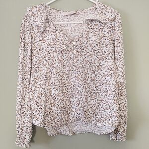 LOFT Petites White Brown Floral Ruffle Vneck Blouse Size Small Petite